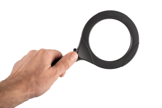 A hand holding a magnifying glass, essence of a searching engine concept quest for information and insights through a visual metaphor. PNG transparent BG