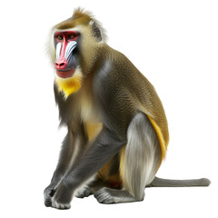 Side view of a sitting mandrill monkey isolated on a white background - obrazy, fototapety, plakaty