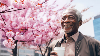 Modern happy elderly smiling dark-skinned African man with a cup of coffee against the backdrop of pink cherry blossoms and metropolis city. - obrazy, fototapety, plakaty