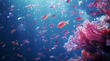 Fototapeta na wymiar A surreal underwater scene featuring Anthias fish appearing to fly through the water, surrounded by phosphorescent plankton, creating an ethereal glow.
