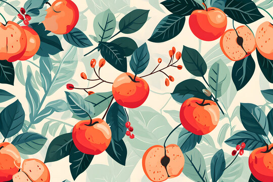 Summer pattern of apple and green leaves on background.