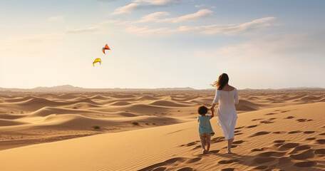 Mother and daughter walking in sand dunes. Generative AI