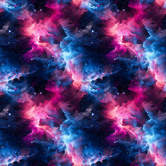 Obraz na płótnie Canvas Seamless pattern, colorful space nebula neon glowing tiling texture, pink and blue