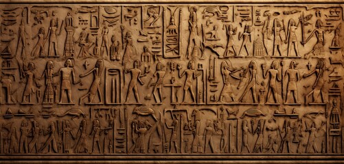 Fototapeta na wymiar Detailed ancient Egyptian hieroglyphs design on a 3D wall texture