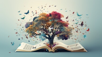 Open book with colorful tree and butterflies flying around it. Ecology concept