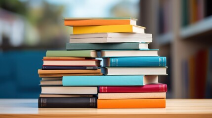 Fototapeta premium Stack of books on a desk in a library. Education concept