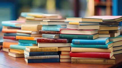 Stack of books on a table in the library with bookshelves in the background