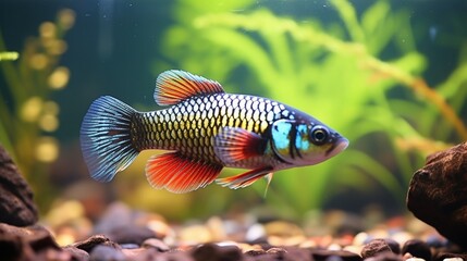 A vibrant Killifish swimming in a crystal-clear freshwater habitat, its iridescent scales glistening in the sunlight.