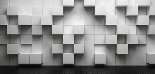 Modern geometric cube pattern in black and white on a 3D wall texture