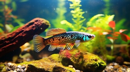 A vibrant Killifish swimming in a crystal-clear freshwater habitat, its iridescent scales glistening in the sunlight.