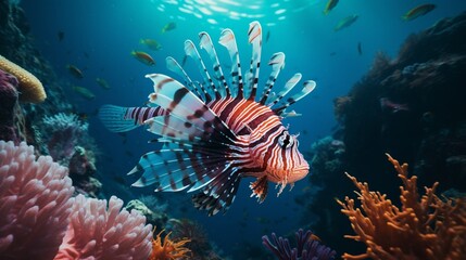 A vibrant Lionfish (Pterois) swimming gracefully in its natural habitat, captured in full ultra HD