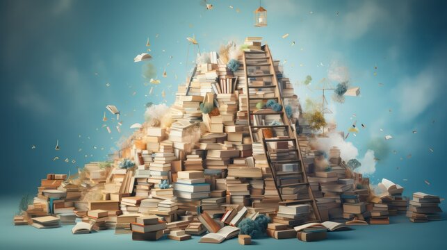 Pile of books in the shape of a pyramid on blue background
