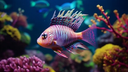 A vibrant Paradise Fish swimming in a lush underwater paradise, showcasing its striking colors and fin extensions.