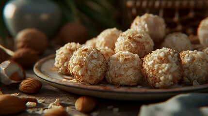 Homemade energy balls with nuts and sesame on a plate, selective focus