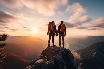 Fototapeta premium Two people standing on a mountain