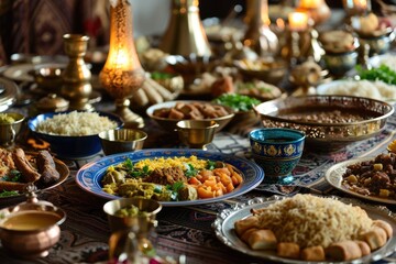 Ramadan kareem Iftar party table with assorted festive traditional Arab dishes - obrazy, fototapety, plakaty