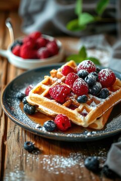 Waffles with raspberry and blueberry on plate