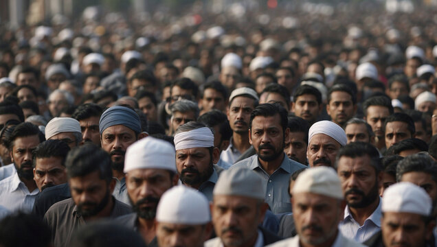 A crowd of Muslim men heading to the mosque to pray. Beginning of the holy month of Ramadan.