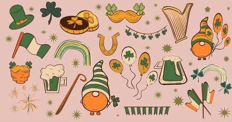 Set vector flat colourful Saint Patrick’s day. Clover, Horseshoe, harpe, money, rainbow, green beer, moustache, Goblin