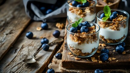 Greek yogurt parfait with fresh blueberries and granola on a rustic wooden background