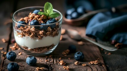 Greek yogurt with blueberries and granola in a glass on wooden background