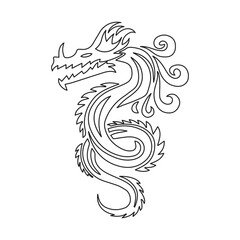 Black silhouette of a Chinese dragon on a white background. Dragon with ornament. Logo, sketch, tattoo. Vector