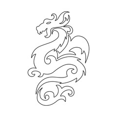 Black silhouette of a Chinese dragon on a white background. Dragon with ornament. Logo, sketch, tattoo. Vector