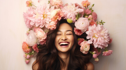 Asian woman with her head covered with spring flowers on a light beige background.