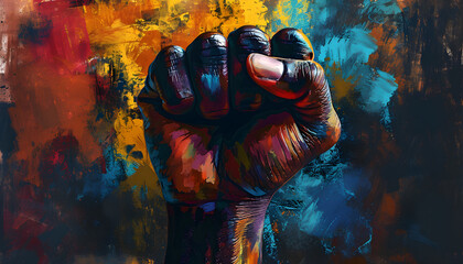 Colorful Black Lives Matter background, illustration poster for Black History Month featuring a black fist, - obrazy, fototapety, plakaty