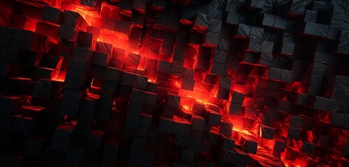 Abstract digital pixel design with a flame pattern in red and black on a 3D textured wall, exemplifying abstract digital pixel design