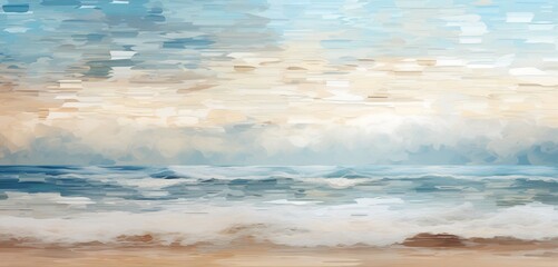 Abstract digital pixel design of a serene beach scene in blue and sandy colors on a 3D textured wall, portraying abstract digital pixel design
