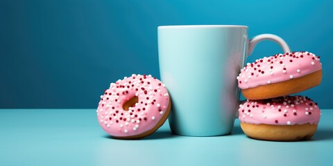 Coffee or cocoa in a blue mug on a blue background with donuts, blue monday - obrazy, fototapety, plakaty