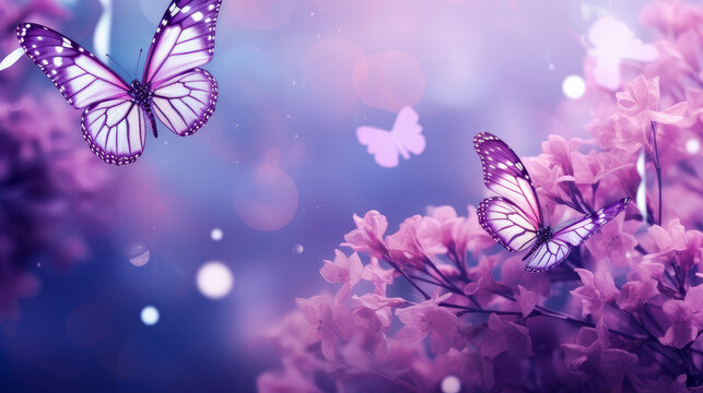 Abstract natural spring background with butterflies and light purple dark meadow flowers closeup.