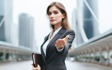 Business woman extends her hand forward Extend your arms to invite business success concept Blurred work background