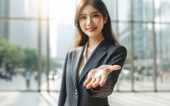 Business woman extends her hand forward Extend your arms to invite business success concept Blurred work background