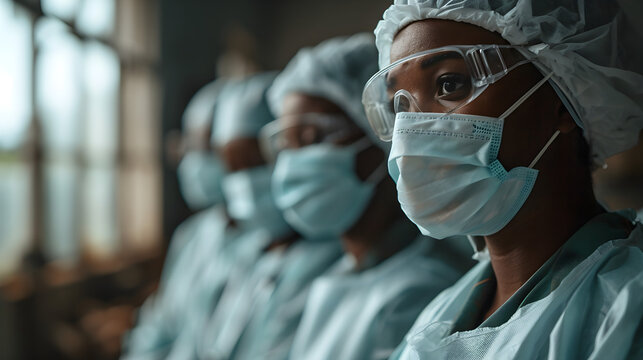 A group of doctors wearing masks work together to provide emergency care in a clinic in Africa during Black History Month,