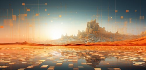Abstract digital pixel design of a desert landscape in sandy and orange hues on a 3D wall, depicting abstract digital pixel design - obrazy, fototapety, plakaty