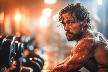 A determined and sweaty man working out in the gym, lifting weights with focus and intensity.