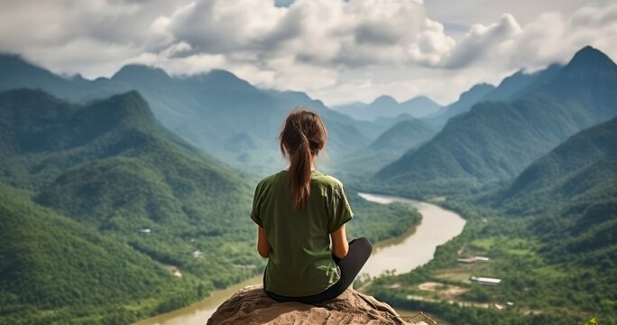Capturing the Serene Beauty of a Girl Overlooking the Vast Backcountry from a Mountain's Peak