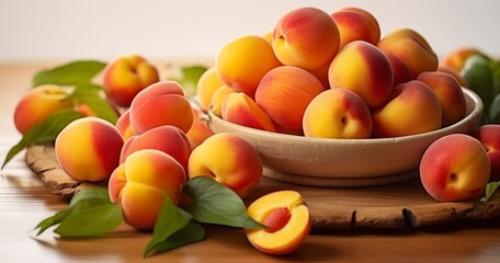 Fresh Peaches and Apricots Elegantly Displayed on a Wooden Plate. Generative AI