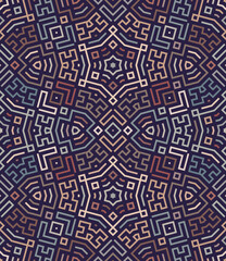 Intricate geometric labyrinth design with irregular multicolored lines on a black background. Mosaic floor style. Seamless repeating pattern.
