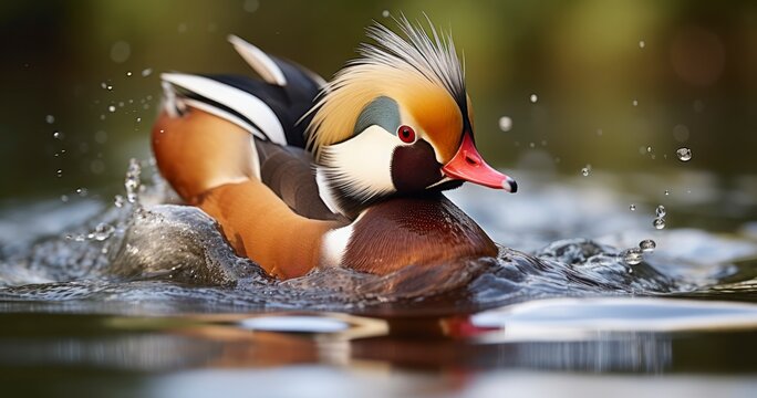 A Male Mandarin Duck Gliding Serenely Across the Water. Generative AI