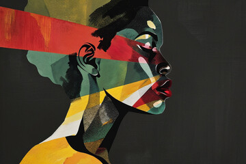 Illustration of Afro-American woman's silhouette in profile with red, green, yellow geometrical elements against a black background