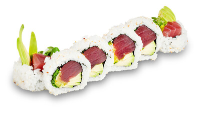 Sushi roll with tuna. Sushi menu. Japanese food. Isolated, white background. Japanese sushi uramaki or California roll.