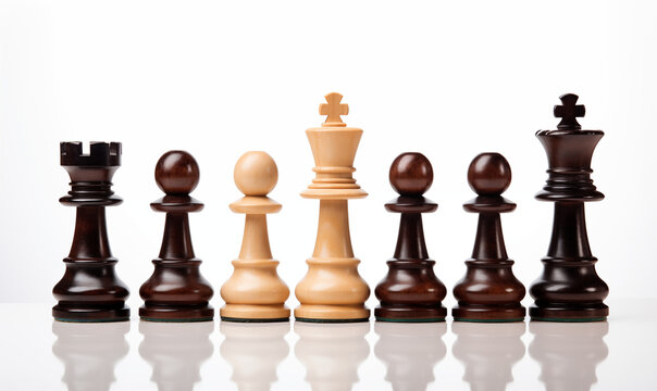 Chess pieces on a chessboard on white background