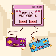 Hand drawn valentine card with two gamepads in comic style. Video game screen with pixel text and hearts © Tanya