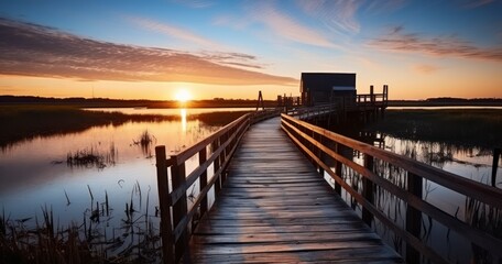 The Peaceful Allure of a Wooden Boardwalk under a Radiant Sunset Sky. Generative AI - obrazy, fototapety, plakaty