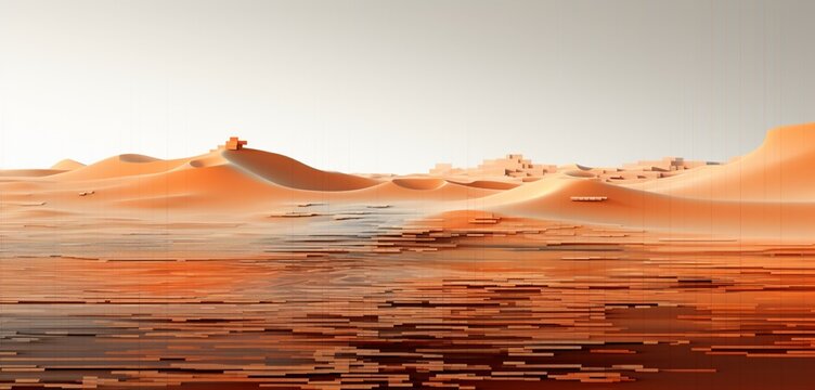 Abstract digital pixel design of a desert landscape in sandy and orange hues on a 3D wall, depicting abstract digital pixel design