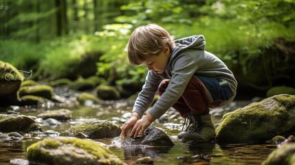 A child collecting pebbles and rocks by a stream in the Jura wilderness. - obrazy, fototapety, plakaty