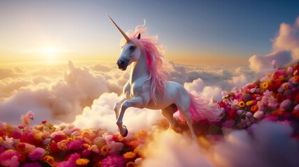 Magic unicorn in fantastic idyllic landscape